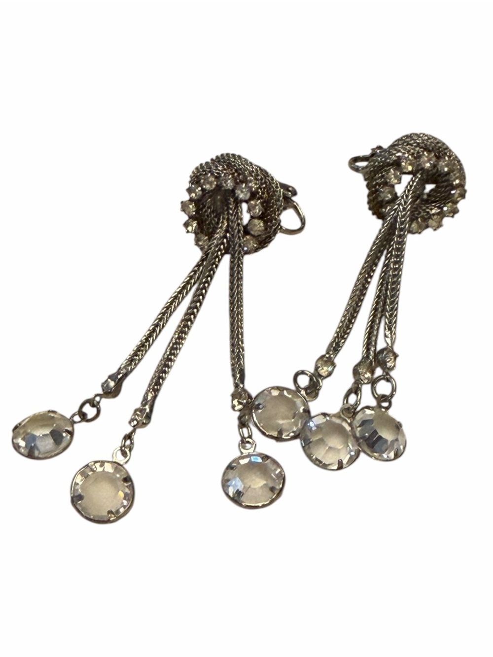 Mesh‎ Crystal Dangle Earrings Gunmetal Chain Tassel Vintage 2.25” Long Clip On